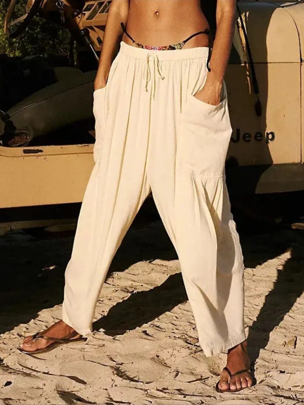 Women's Cream Wide-Leg Drawstring Harem Pants